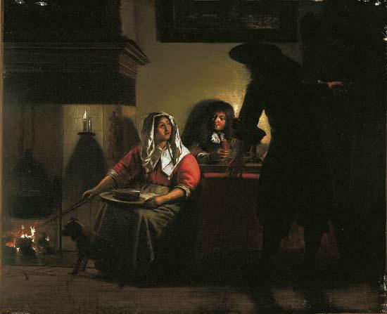 Pieter de Hooch Interior with Two Gentleman and a Woman Beside a Fire Germany oil painting art